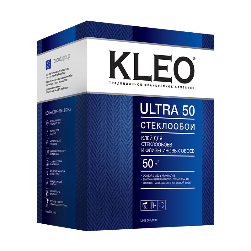 KLEO ULTRA 50, Клей для стеклообоев и флизелиновых обоев, сыпучий, пачка, 500 гр, 50 м²
